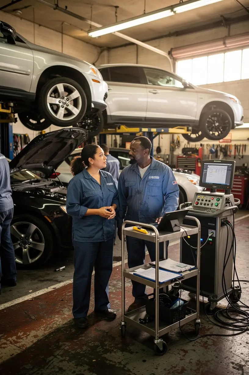 Customer scheduling a fast appointment at a Los Angeles auto repair hub counter with friendly staff.